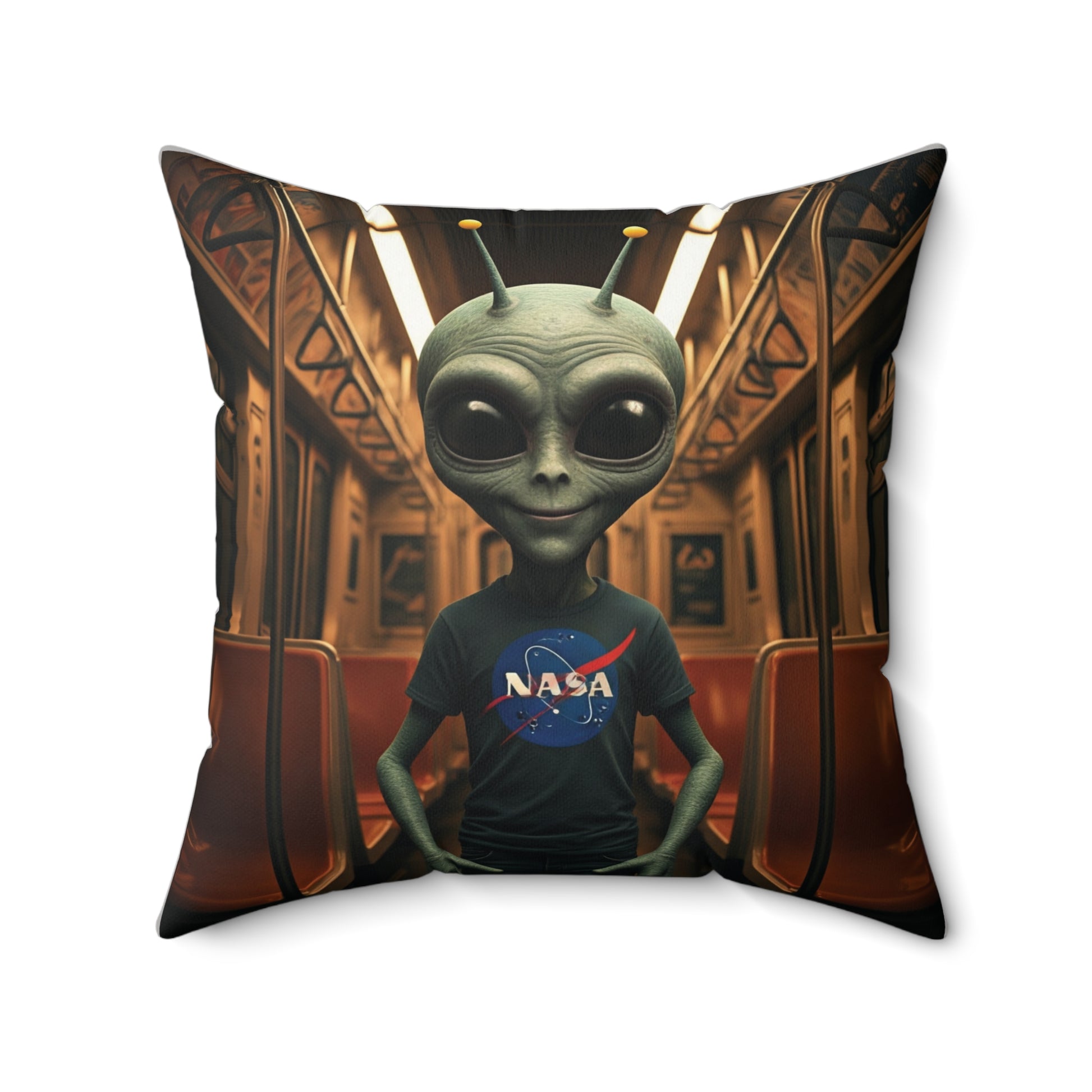 Throw space pillow with an alien wearing a NASA t-shirt in a subway car setting