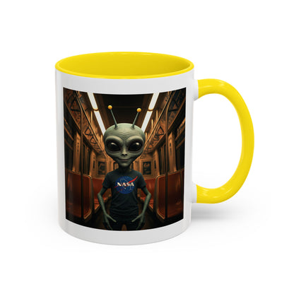 Alien riding the subway on a unique yellow mug