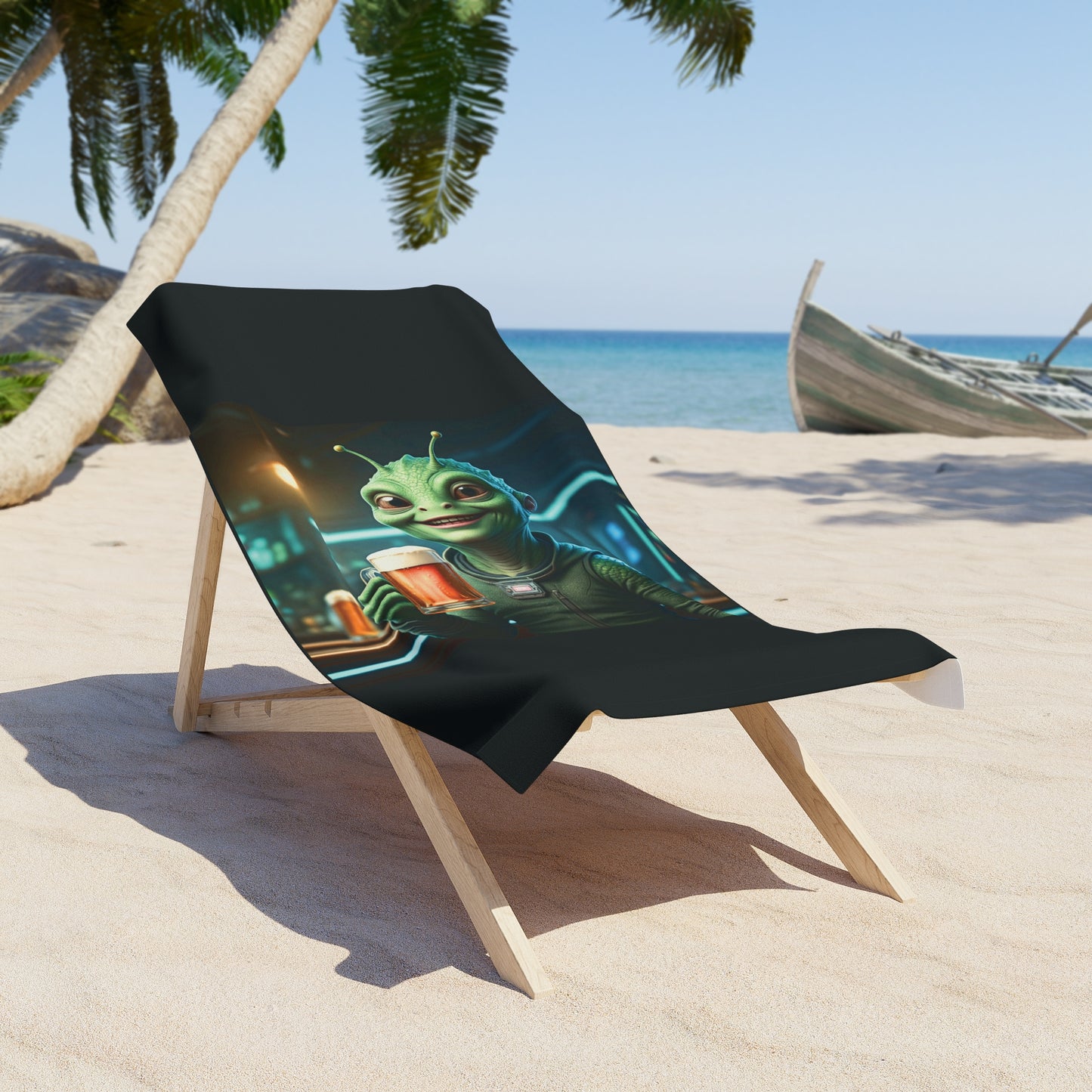 Space-themed beach towel featuring a green alien character with a beer in a neon cyberpunk bar, laid out on a sandy beach