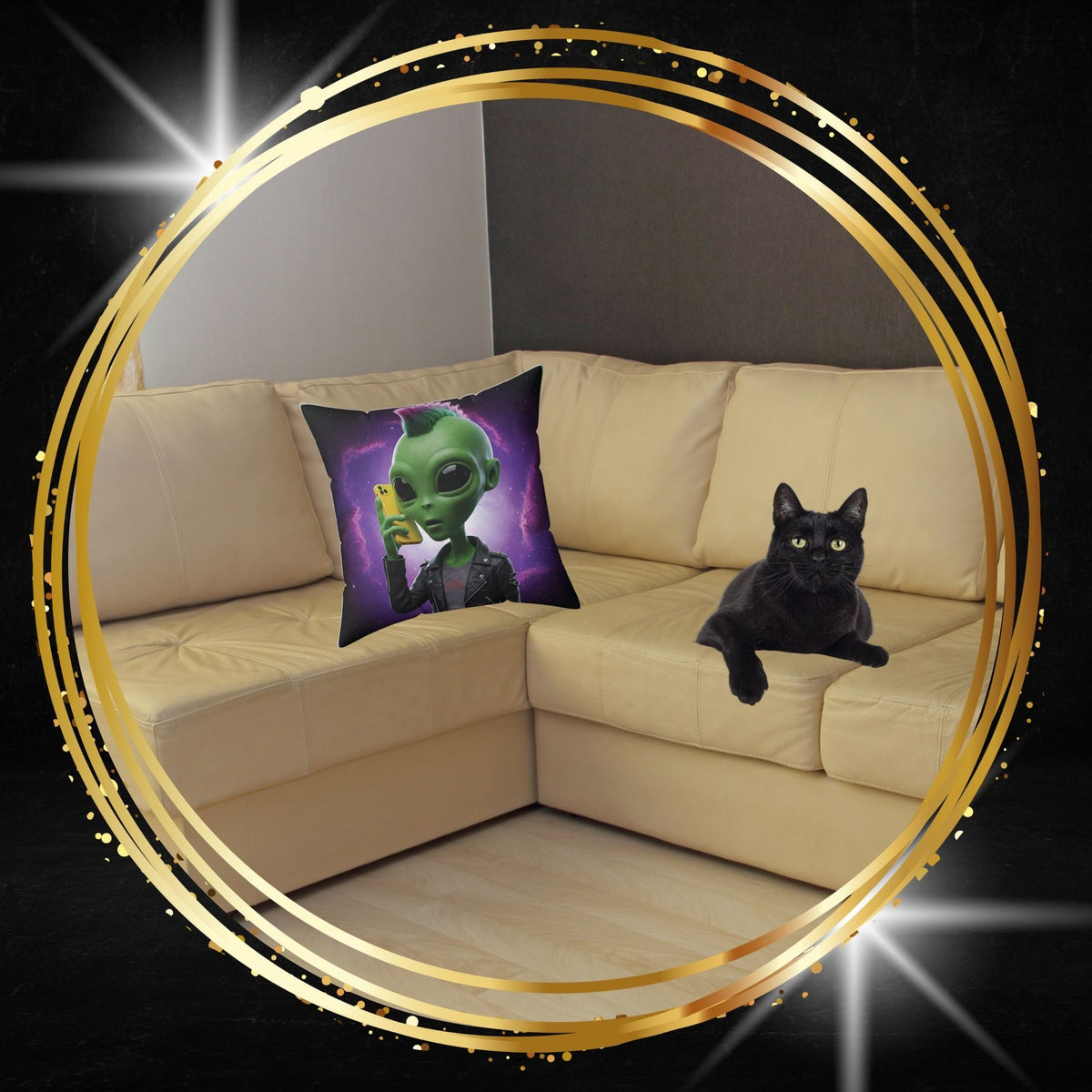 Decorative throw pillow featuring an alien wearing a leather jacket and using a phone graphic from From Space Store on a beige sofa next to a black cat.