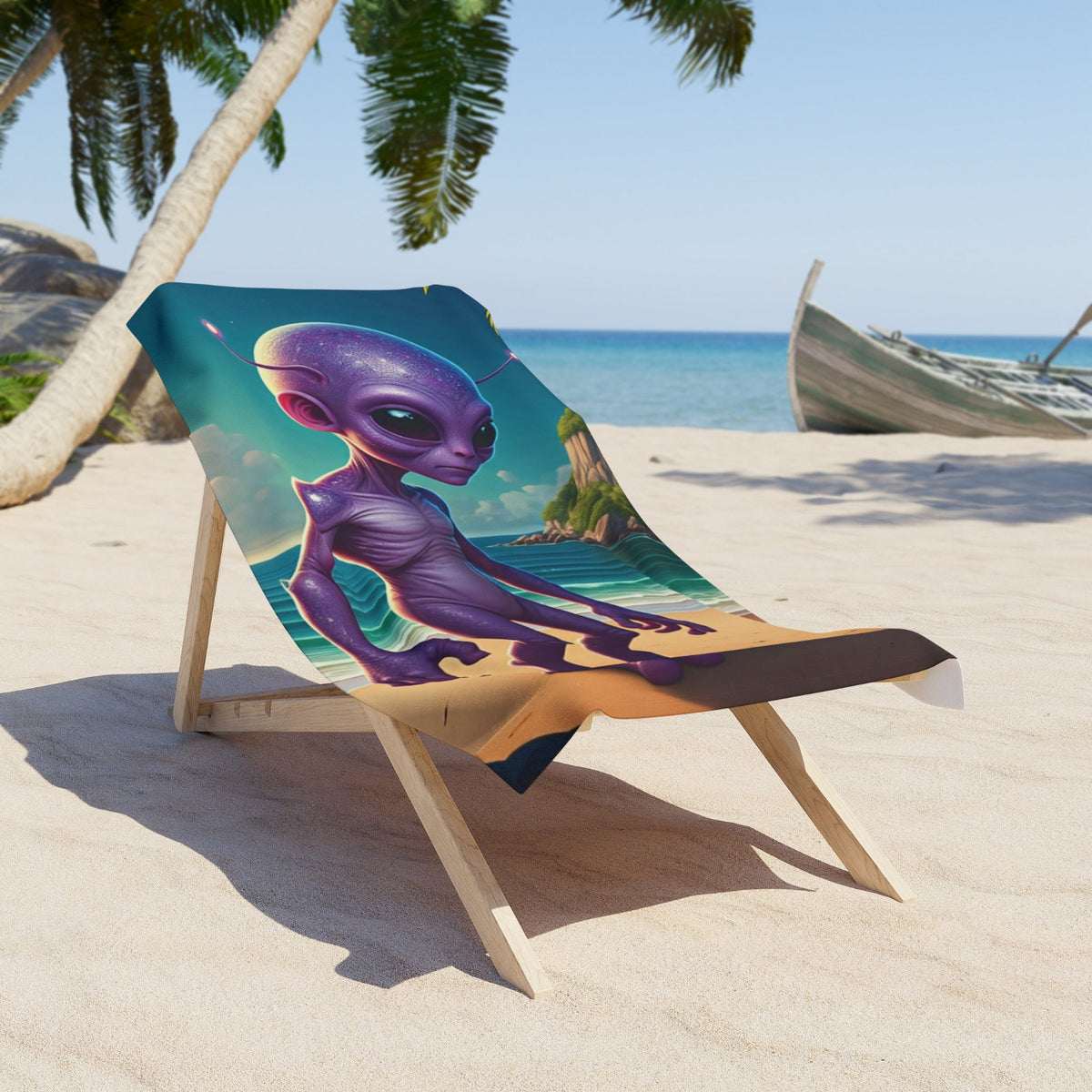 Alien pop-art graphic beach towel displayed on a wooden lounge chair on a sunny sandy beach.