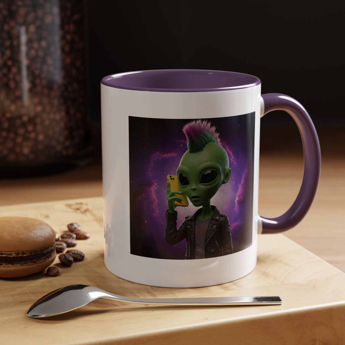 Edgy space themed mug with cool alien artwork, aesthetic ceramic coffee mug and perfect alternative sci-fi gift.
