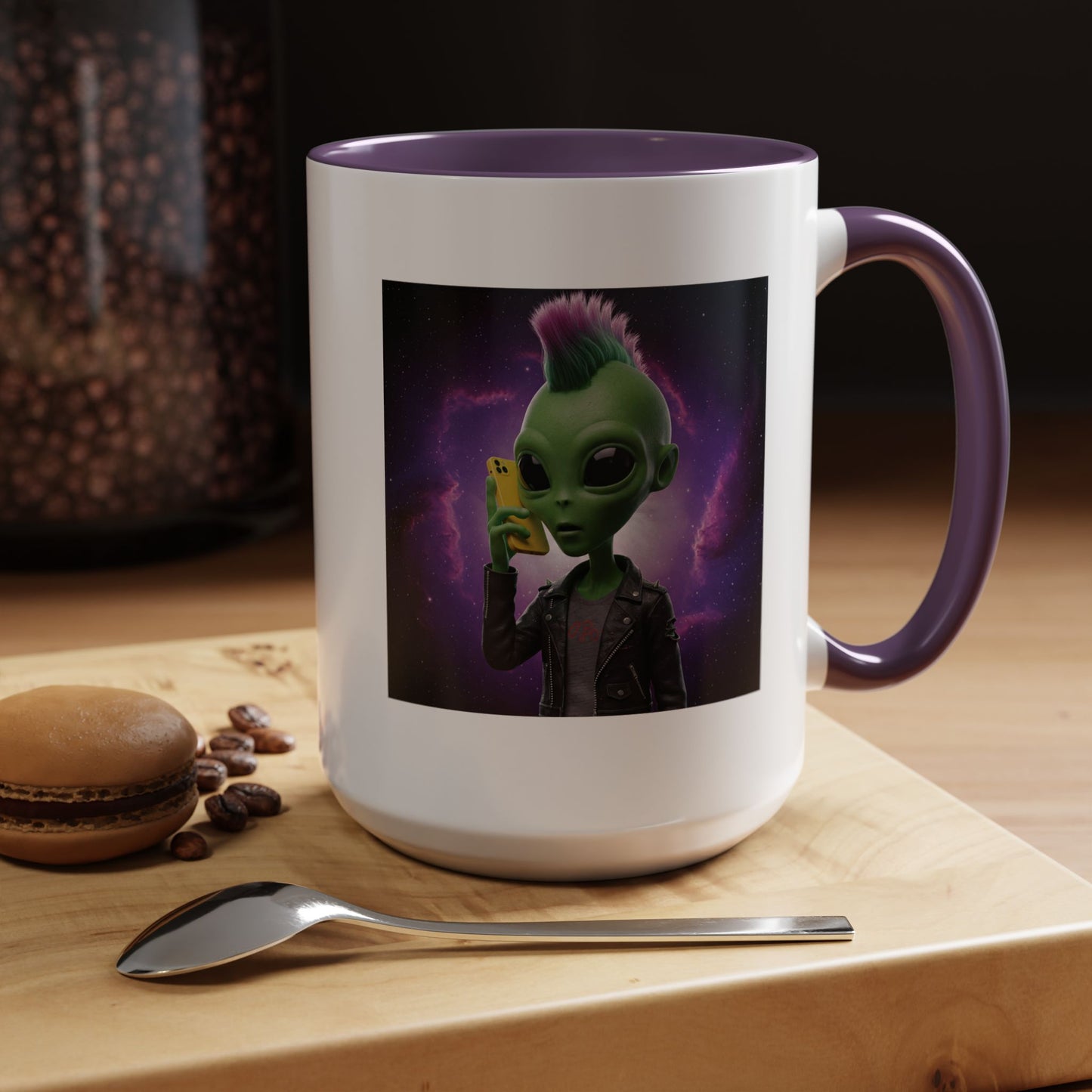 Alternative alien art ceramic mug, unique sci-fi drinkware and cool outer space gift for edgy alien lovers.
