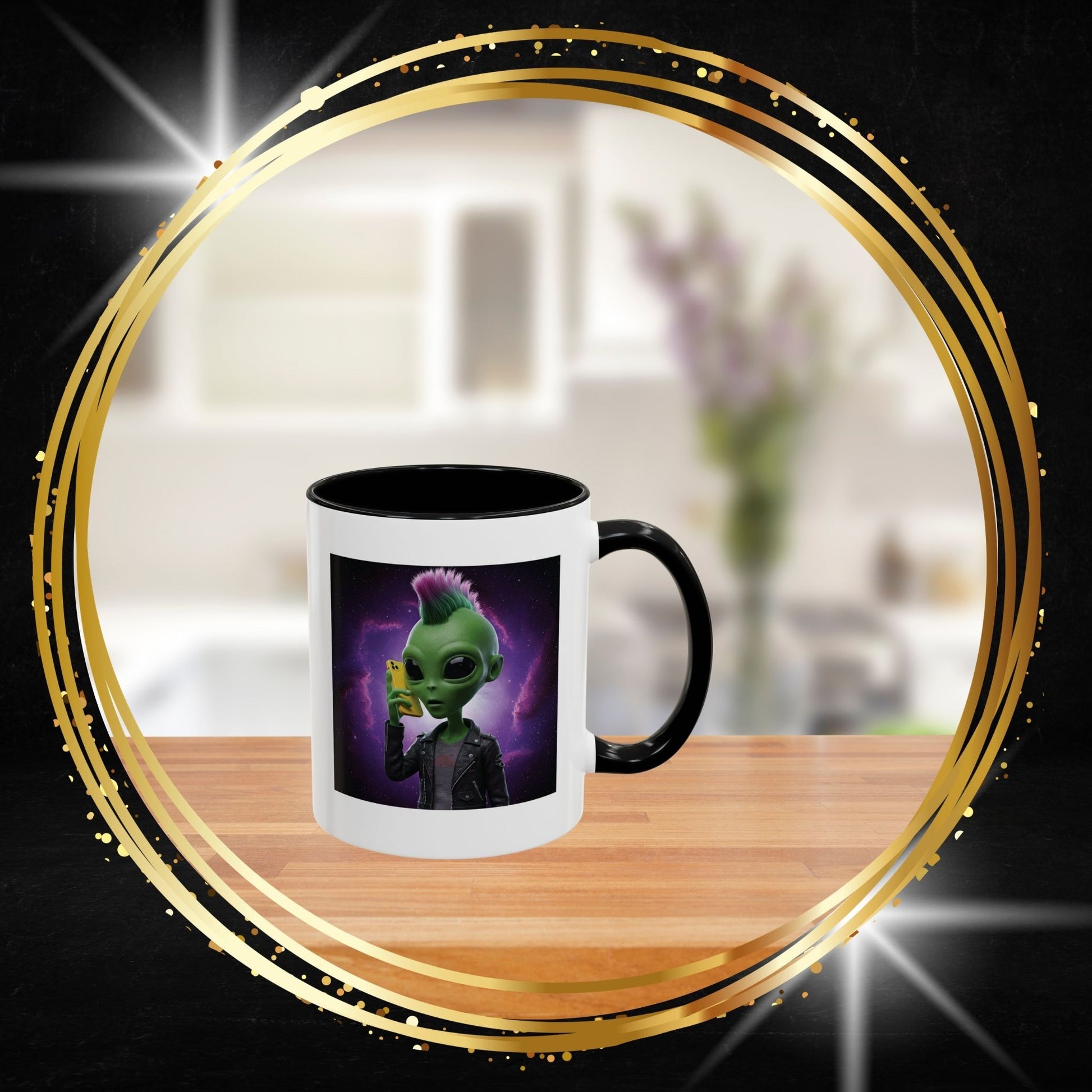 Punk galactic alien ceramic coffee mug, unique edgy sci-fi novelty mug for sale on From Space Store.