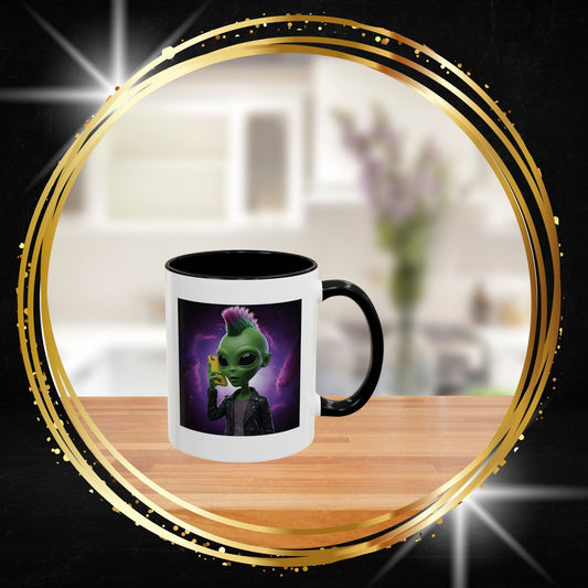 Punk galactic alien ceramic coffee mug, unique edgy sci-fi novelty mug for sale on From Space Store.