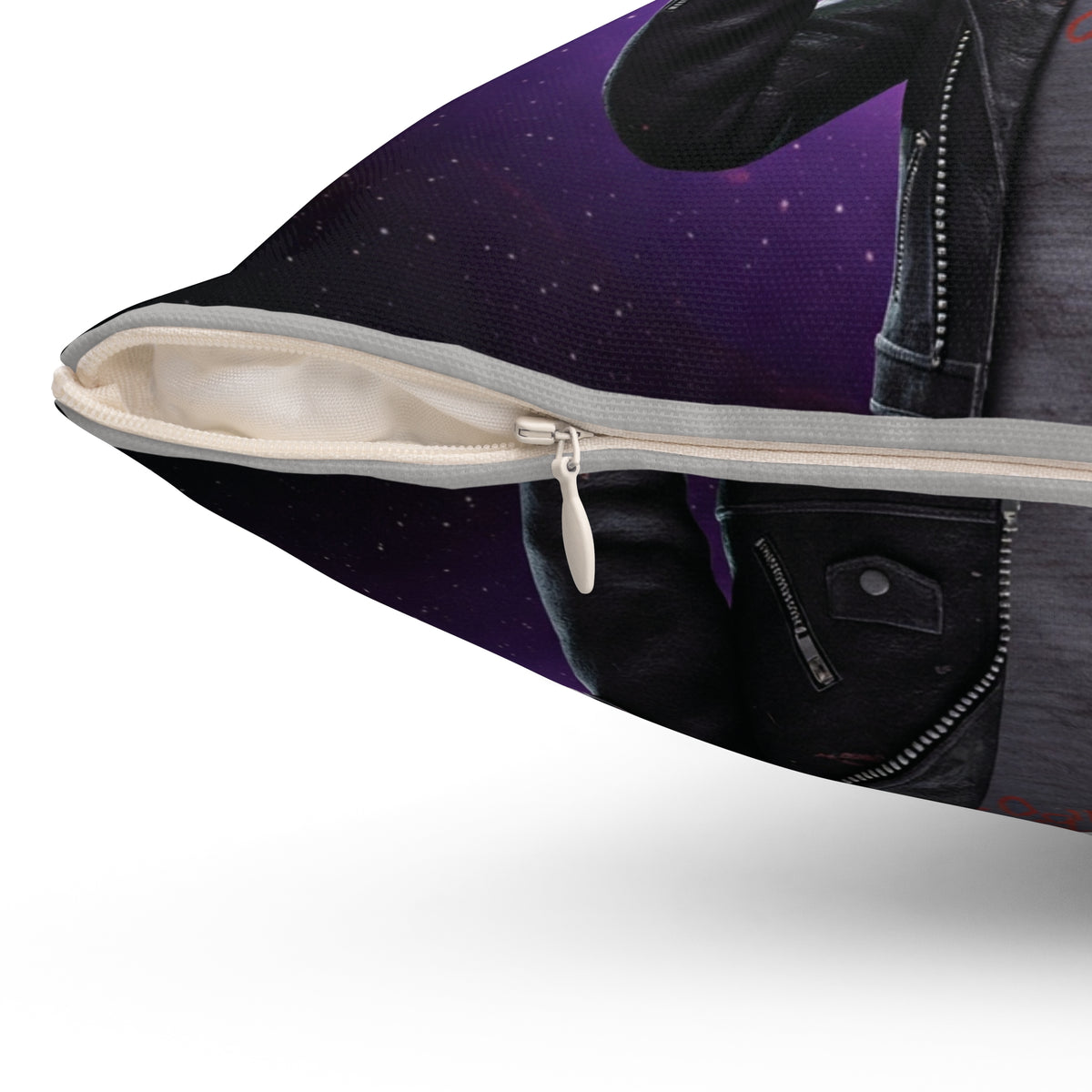Close-up view of the concealed hidden zipper closure on a purple spun polyester alien punk rock decorative throw pillow cover.