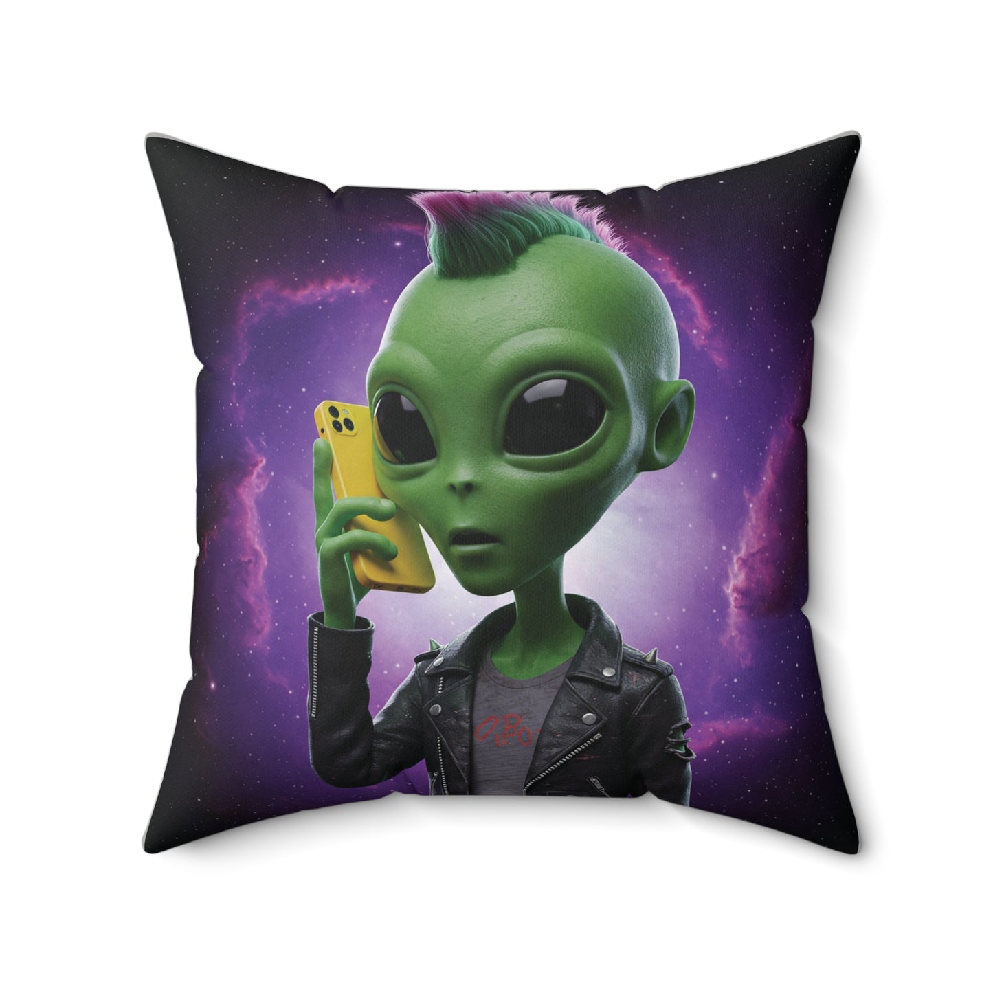 Decorative space pillow with a green punk alien holding a phone against a purple galaxy backgroundp