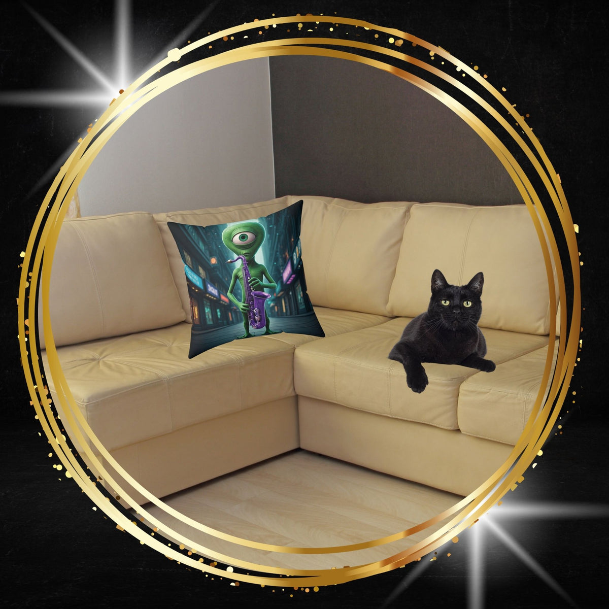 Decorative throw pillow featuring an alien playing a saxophone graphic from From Space Store on a beige sofa next to a black cat.