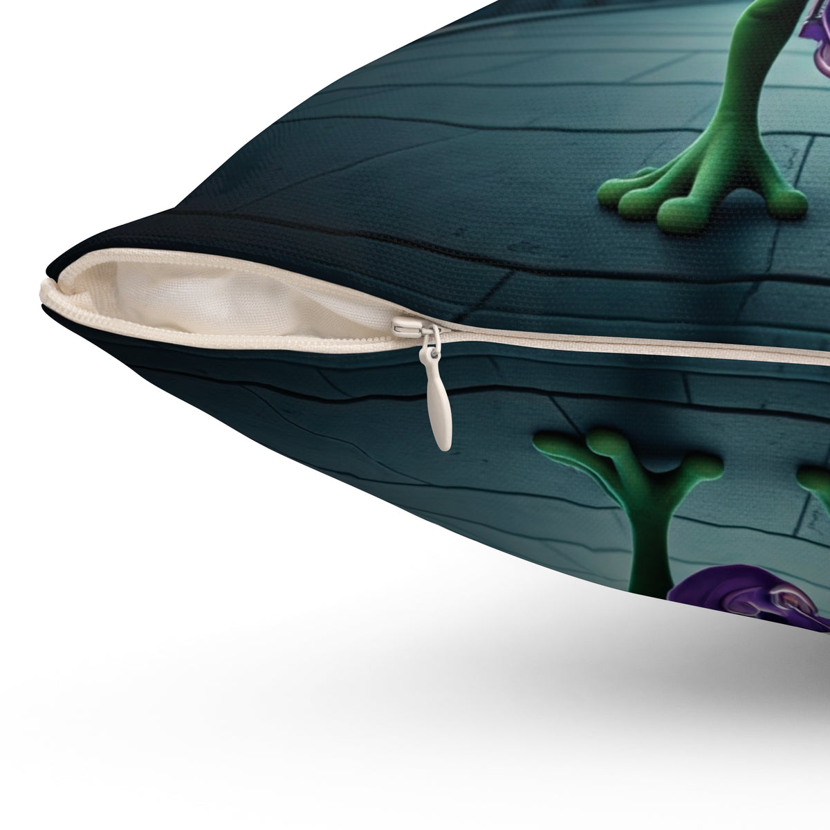Close-up detail of the hidden zipper and premium fabric quality on the From Space Store alien saxophone throw pillow.