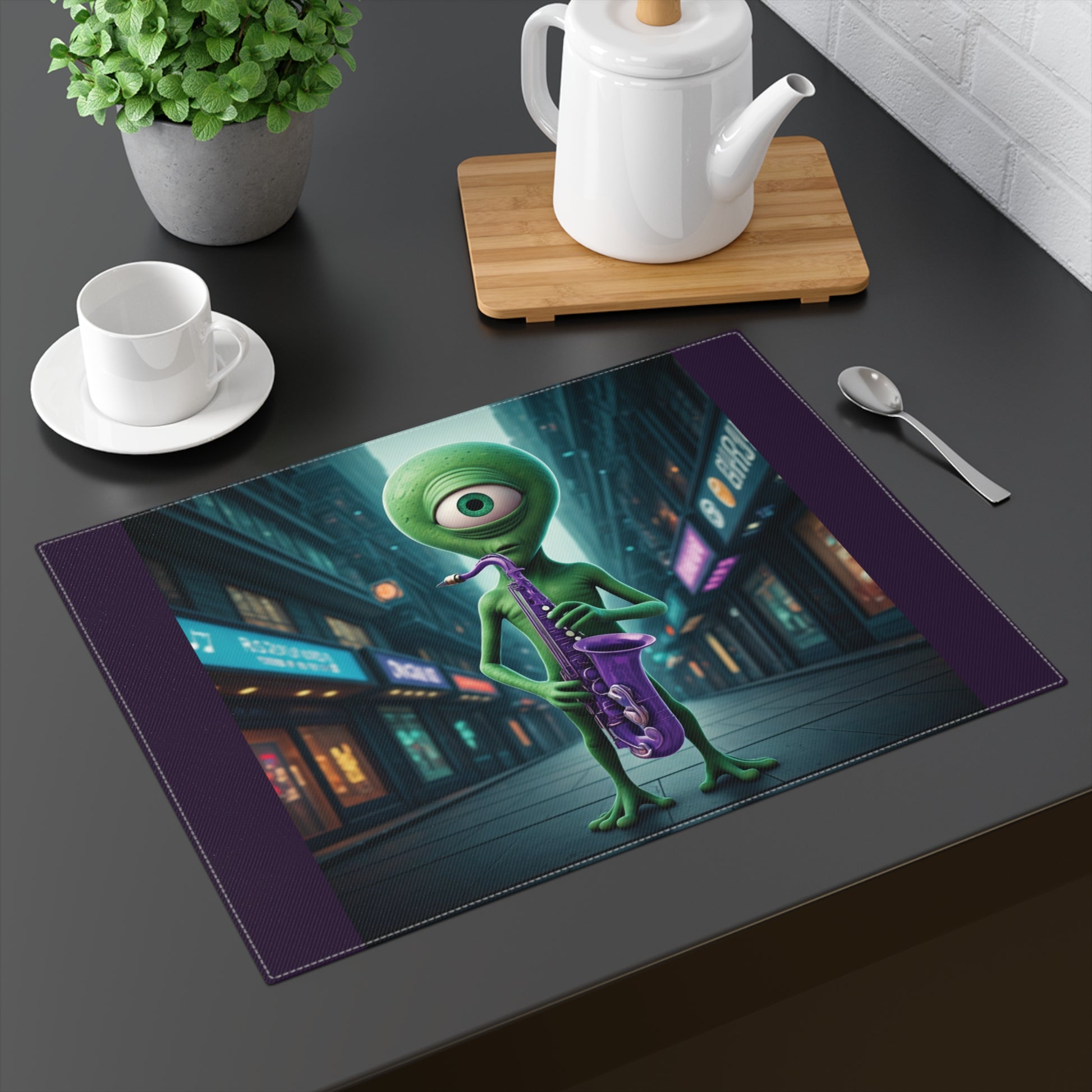Green one-eyed alien playing a purple saxophone in a neon city street.