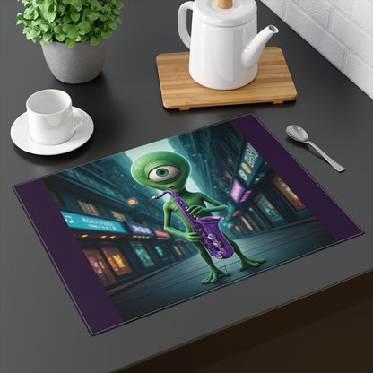 Green one-eyed alien playing a purple saxophone in a neon city street.