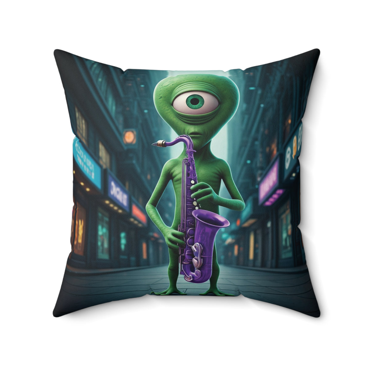 Square throw pillow with funny alien musician and saxophone artwork, ideal for modern alternative home decor and living room styling.
