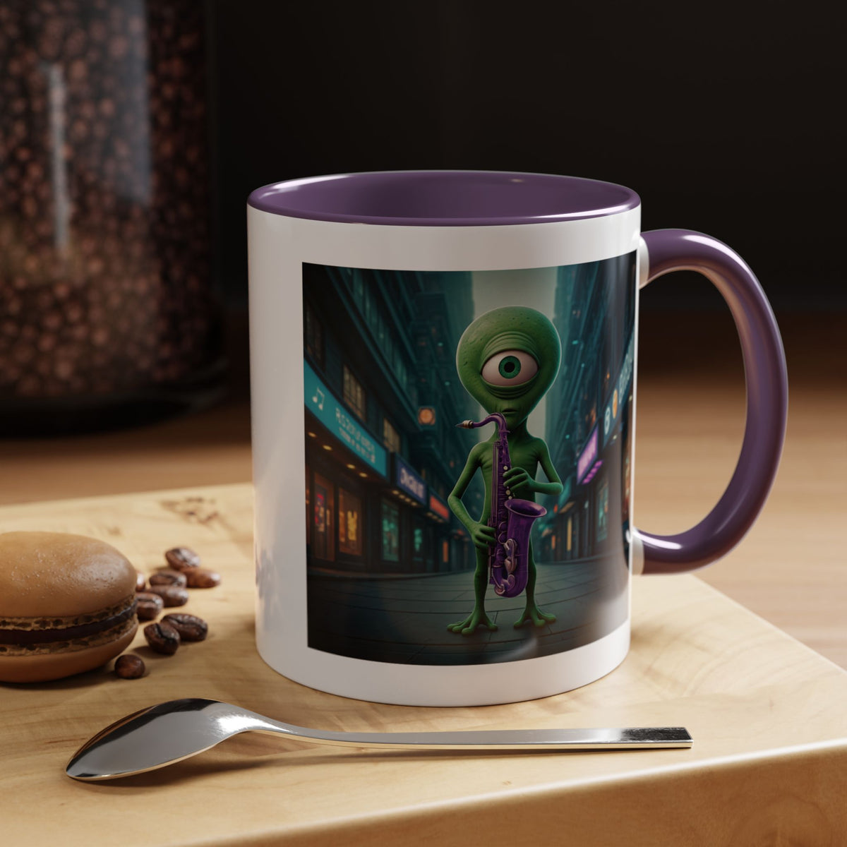 Music themed ceramic mug with cool alien saxophone art, aesthetic coffee mug and perfect sci-fi gift for jazz lovers.