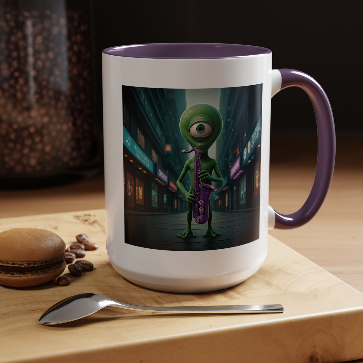 Alien saxophone player art coffee mug, unique sci-fi drinkware and cool outer space gift for musicians.