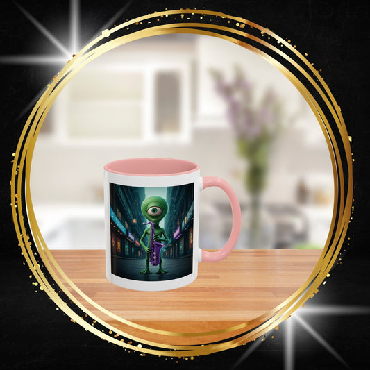 Alien jazz sax player ceramic coffee mug, unique music and space themed novelty mug for sale on From Space Store.