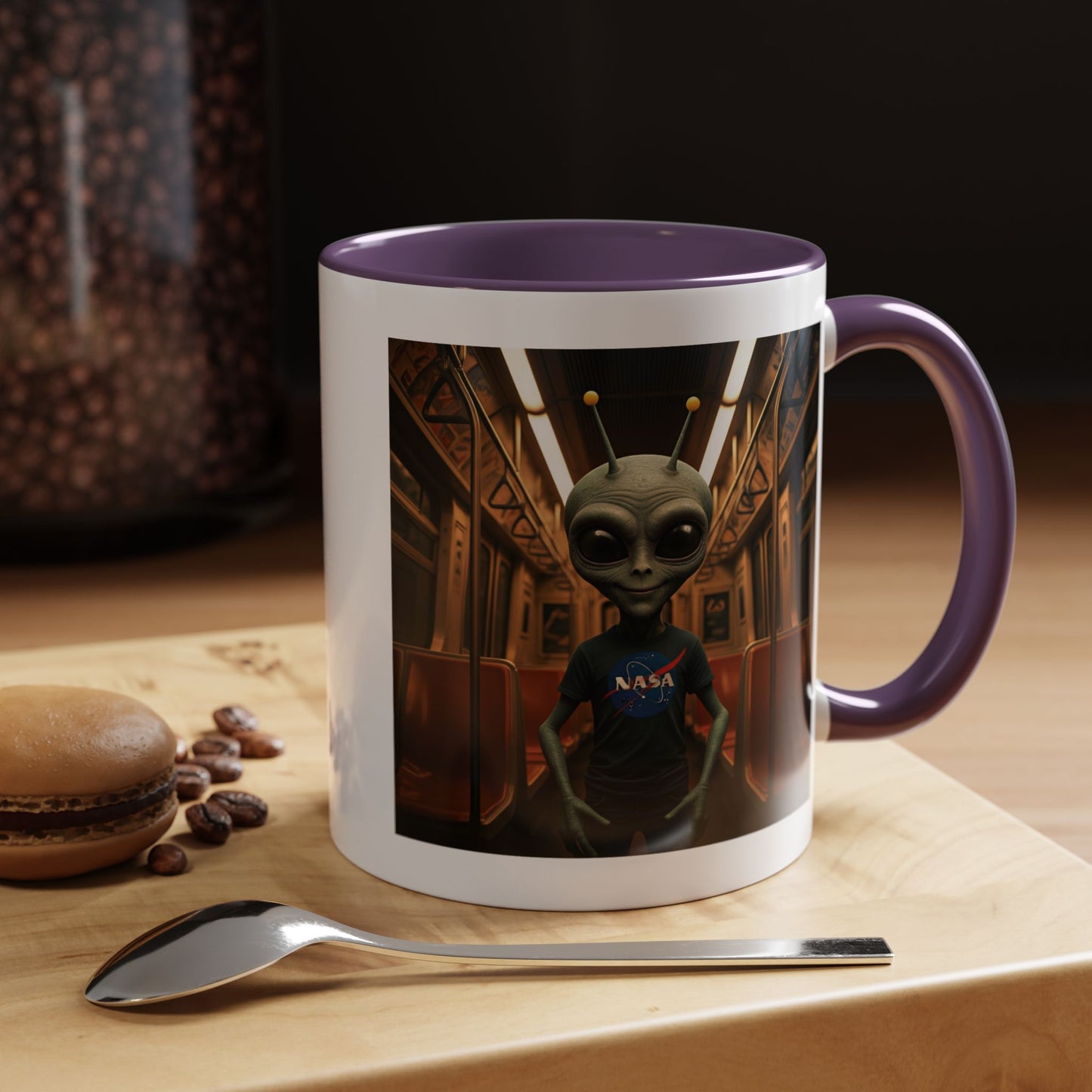 Urban alien subway ceramic coffee mug, unique science fiction novelty mug for sale on From Space Store.
