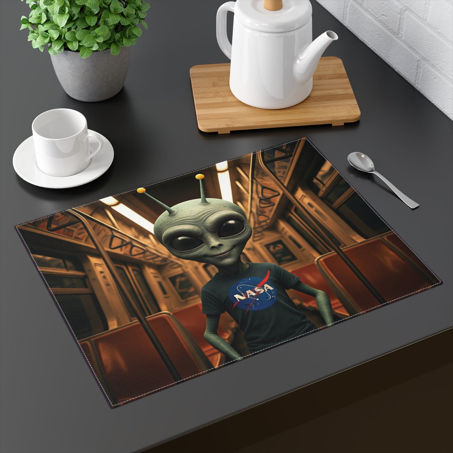 A classic grey alien wearing a NASA t-shirt sitting on a futuristic subway train.