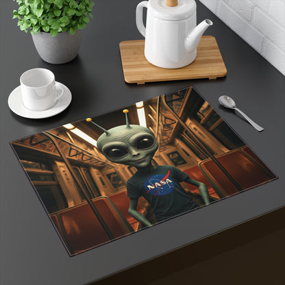 A classic grey alien wearing a NASA t-shirt sitting on a futuristic subway train.