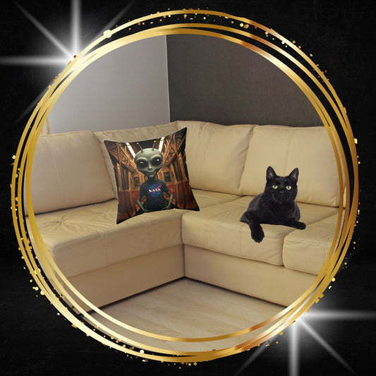 Decorative throw pillow featuring an alien in a subway graphic from From Space Store on a beige sofa next to a black cat.