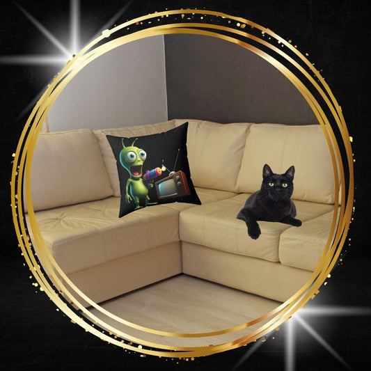 Decorative throw pillow featuring an alien with a vintage TV graphic from From Space Store on a beige sofa next to a black cat.