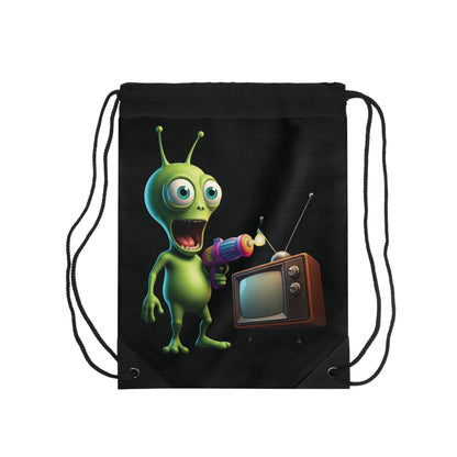 Alien Vibes Drawstring Bag: Bright Green Alien with Ray Gun & Retro TV - Fun Sci-Fi Backpack
