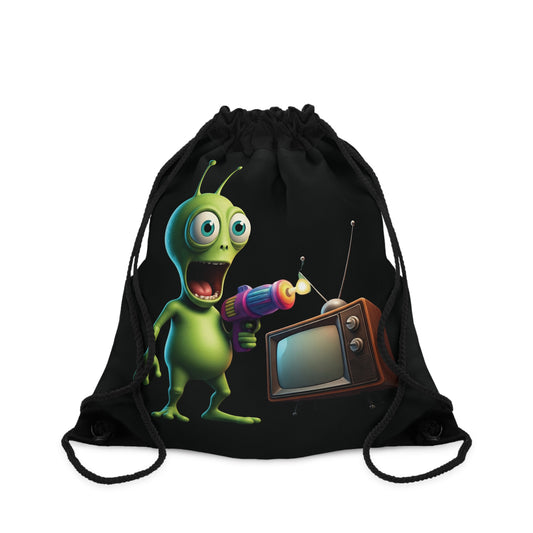 Alien Vibes Drawstring Bag: Bright Green Alien with Ray Gun & Retro TV - Fun Sci-Fi Backpack One size