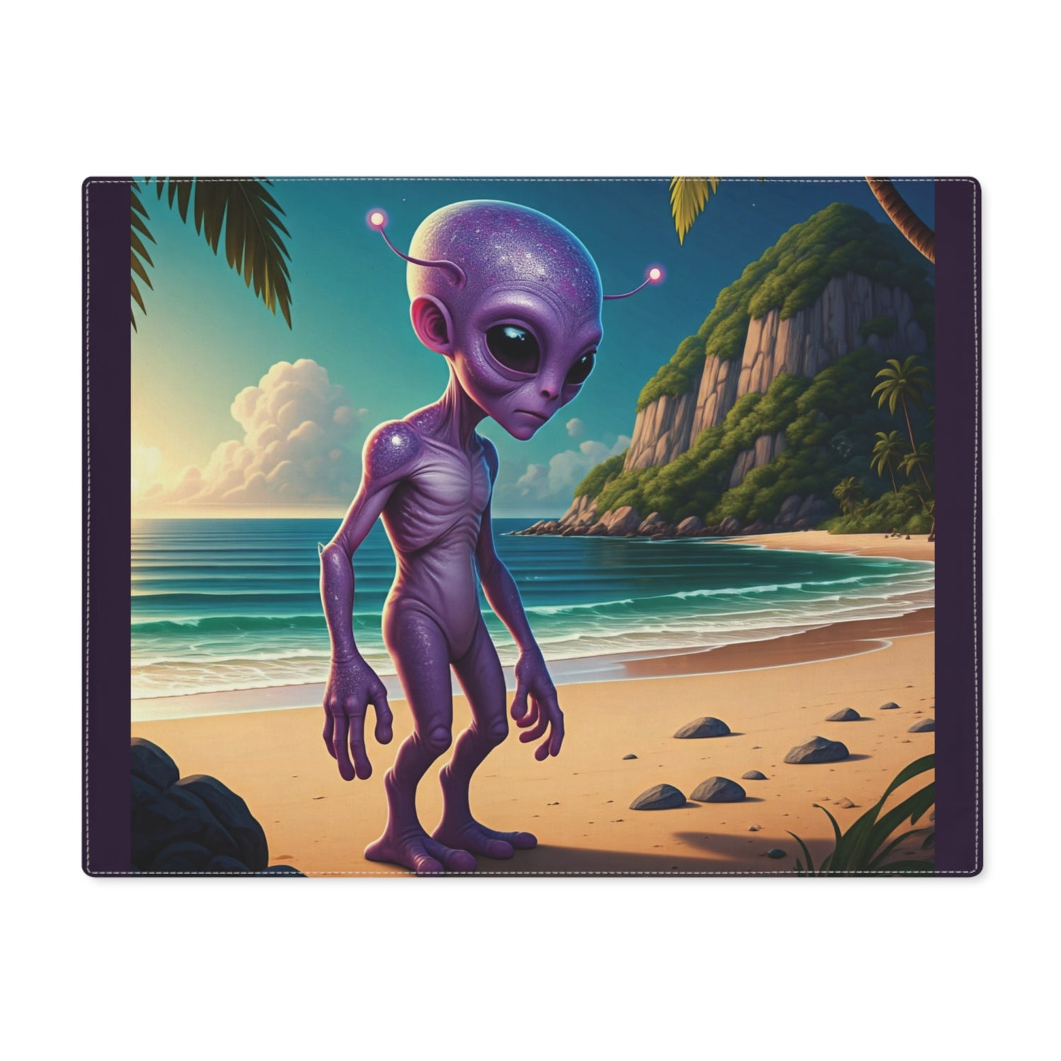 A purple alien standing on a tropical beach at sunset, vibrant colors.