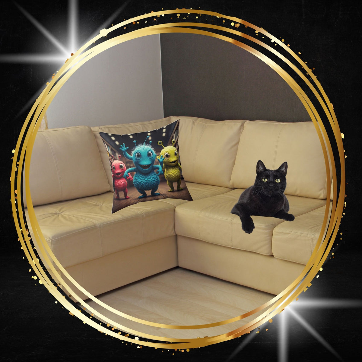 Decorative throw pillow featuring colorful cute alien characters from From Space Store on a beige sofa next to a black cat.