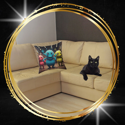 Decorative throw pillow featuring colorful cute alien characters from From Space Store on a beige sofa next to a black cat.