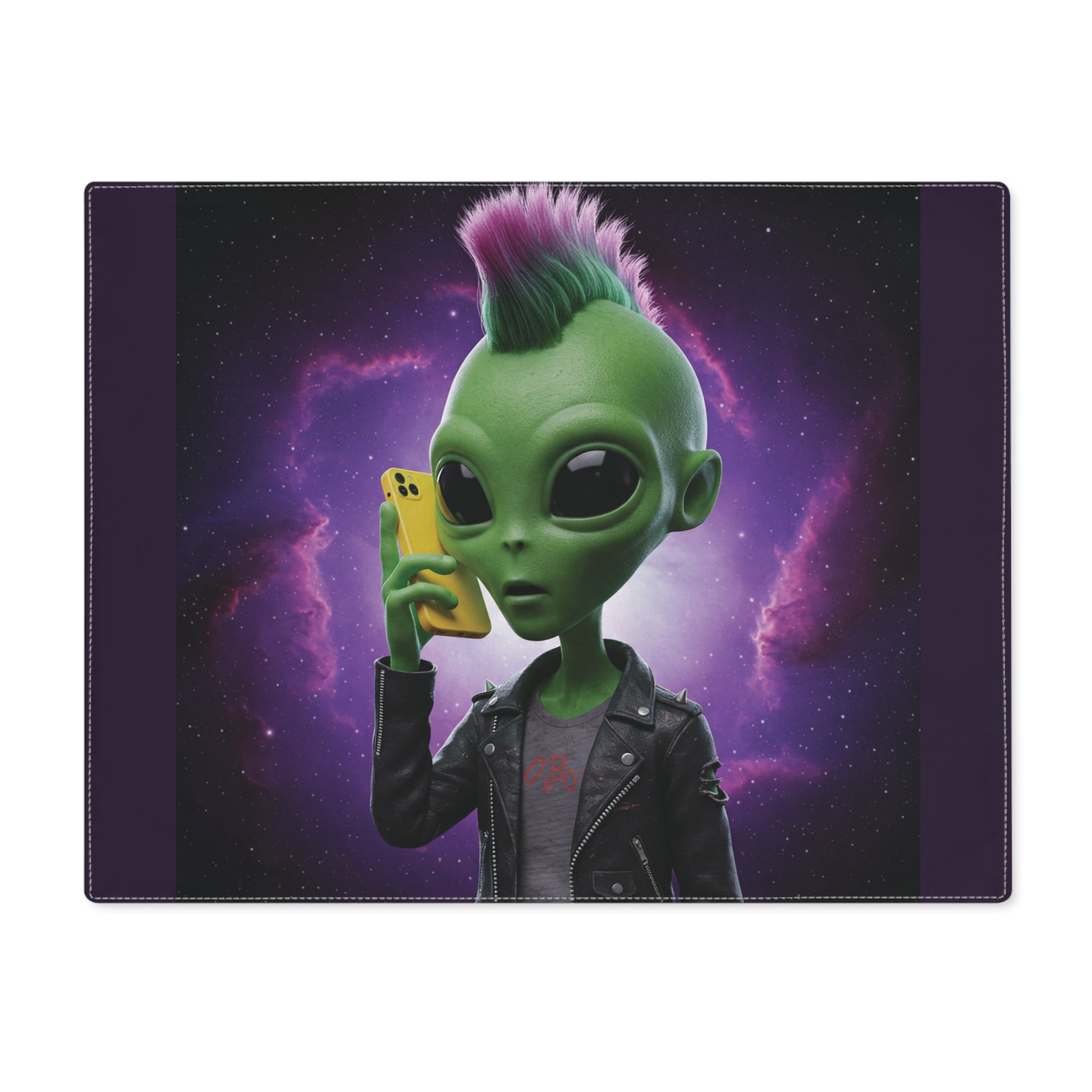 Alien character with a mohawk holding a phone against a space-themed background