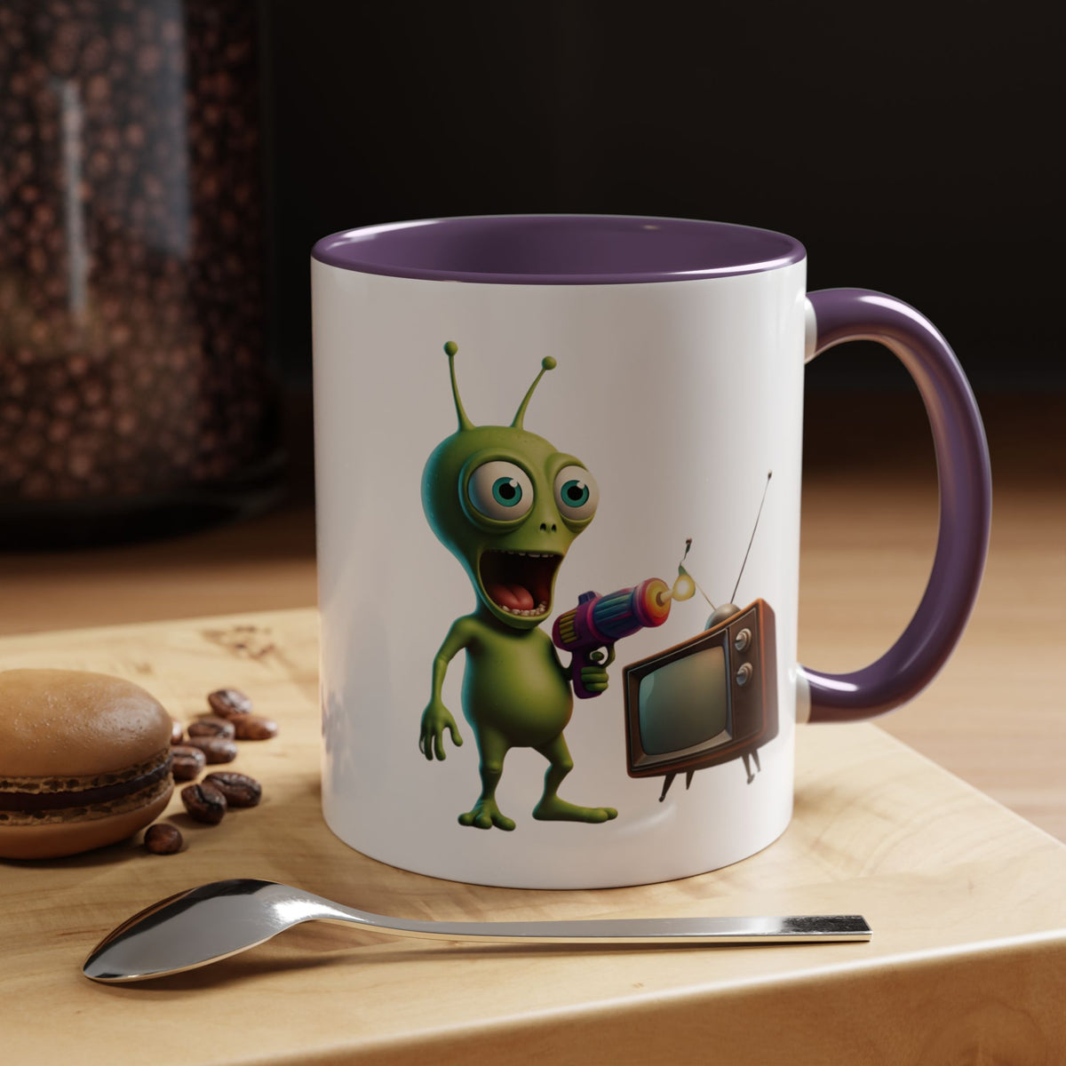Funny alien face ceramic mug with vintage TV design, aesthetic coffee mug and perfect sci-fi gift for him.
