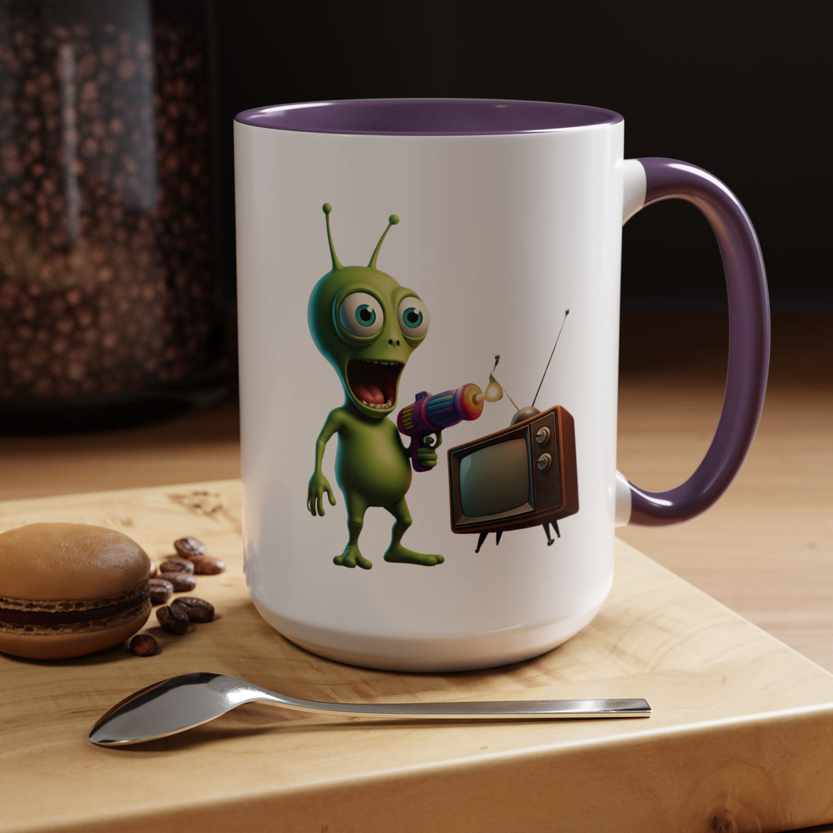 Alien TV zapping art ceramic mug, cool sci-fi drinkware and unique space gift for retro TV fans.