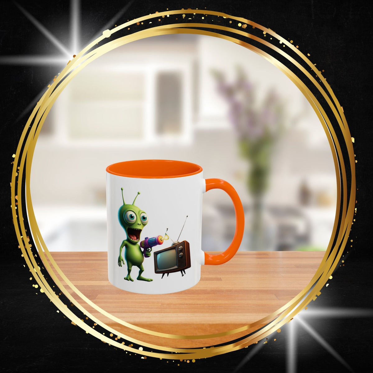 Alien TV zapper ceramic coffee mug, unique vintage sci-fi novelty mug for space lovers and geeks.
