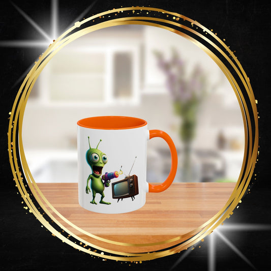 Alien TV zapper ceramic coffee mug, unique vintage sci-fi novelty mug for space lovers and geeks.