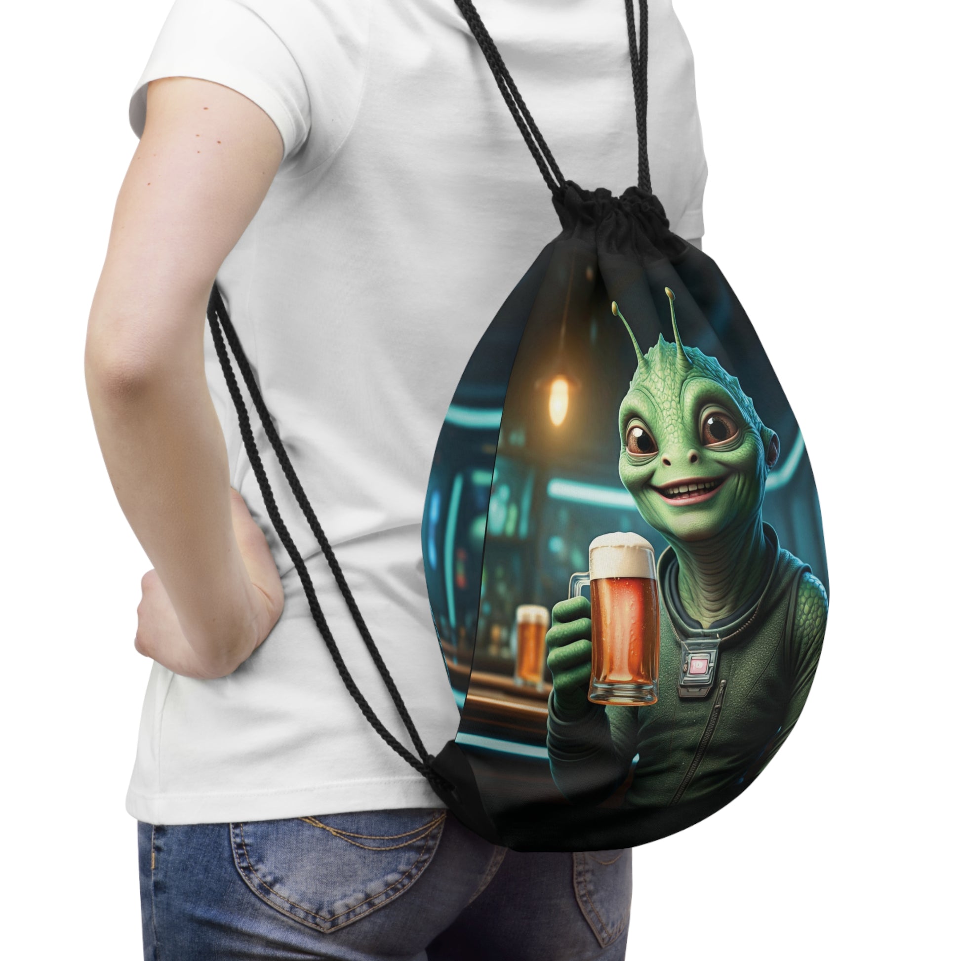 Alien Vibes Drawstring Bag: Funny Alien with Beer Design | Unique Backpack for Extraterrestrial Fans
