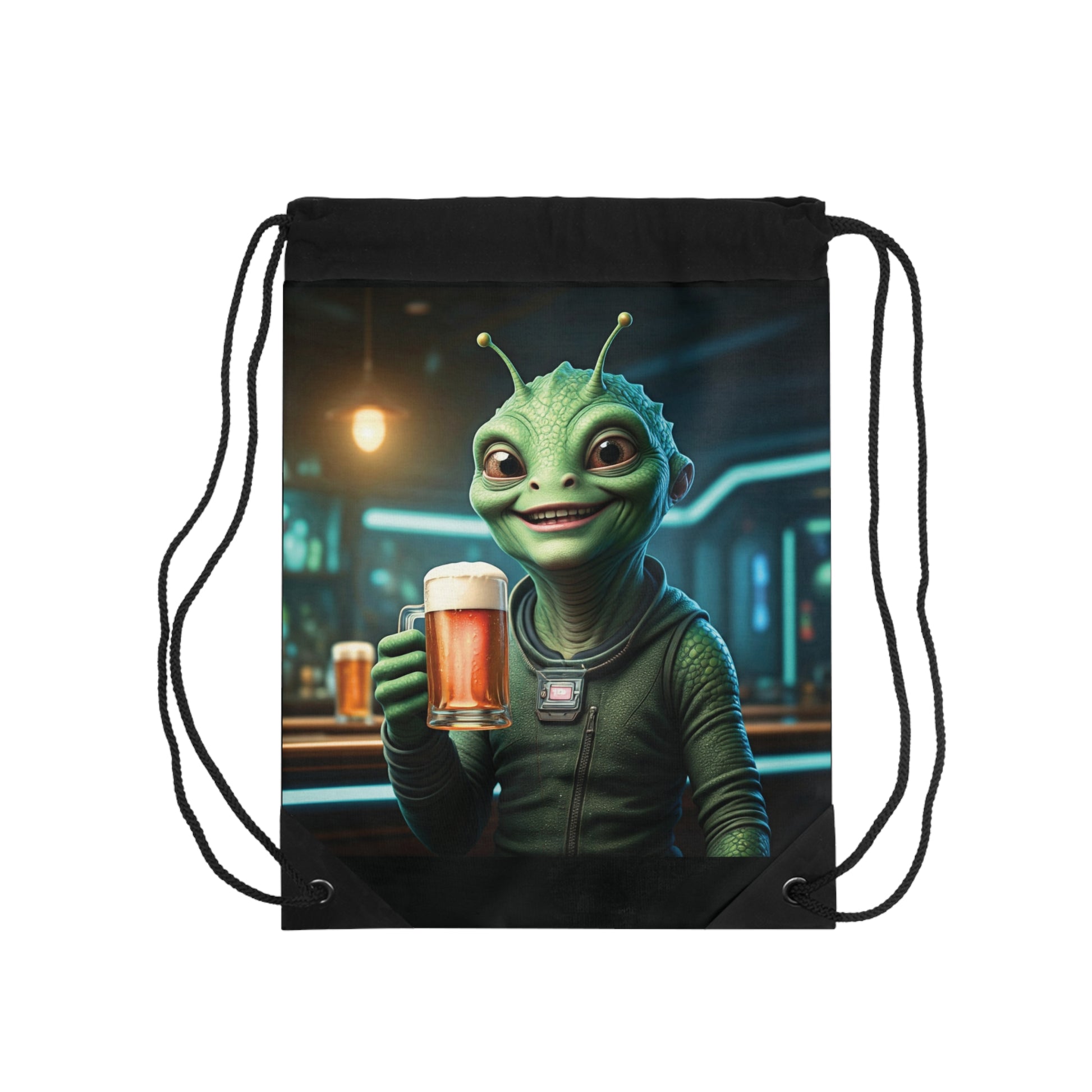 Alien Vibes Drawstring Bag: Funny Alien with Beer Design | Unique Backpack for Extraterrestrial Fans