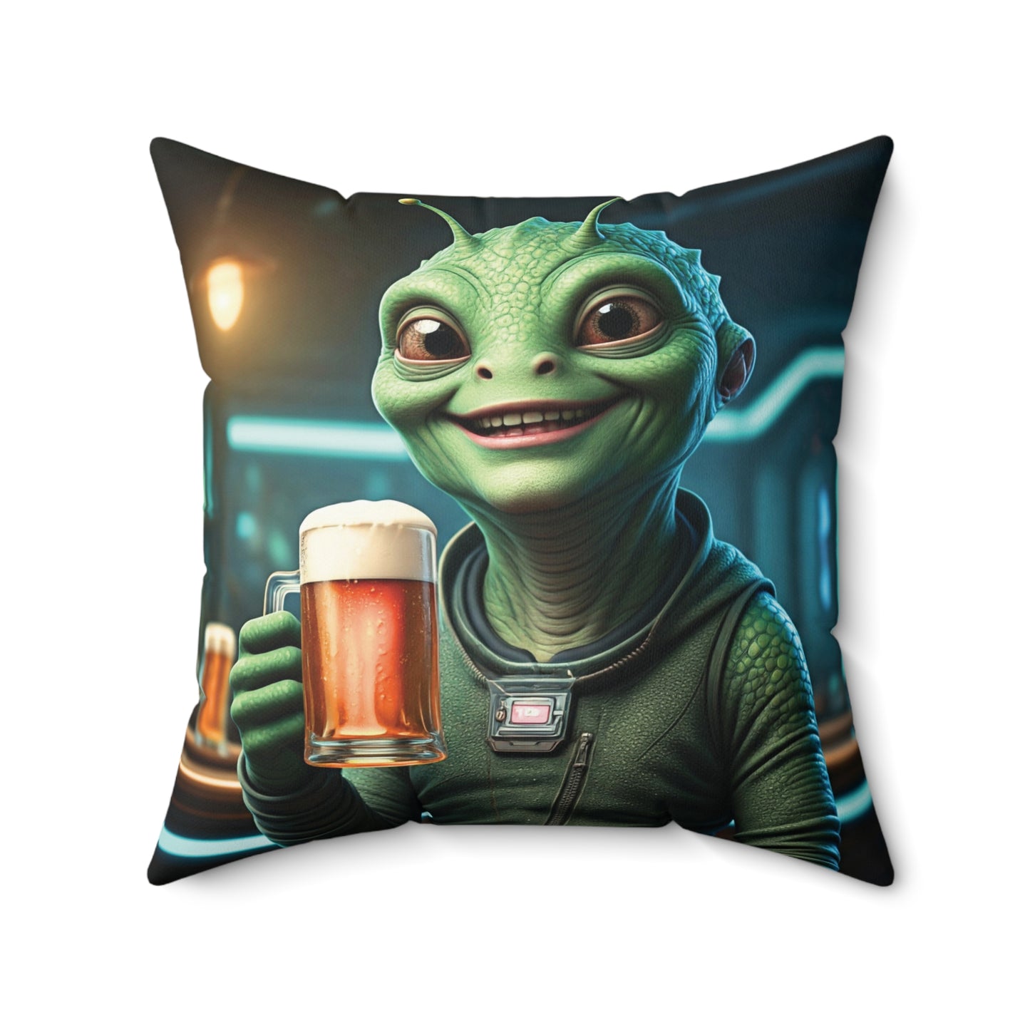 Pillow with a green alien holding a mug of beer in a pub.