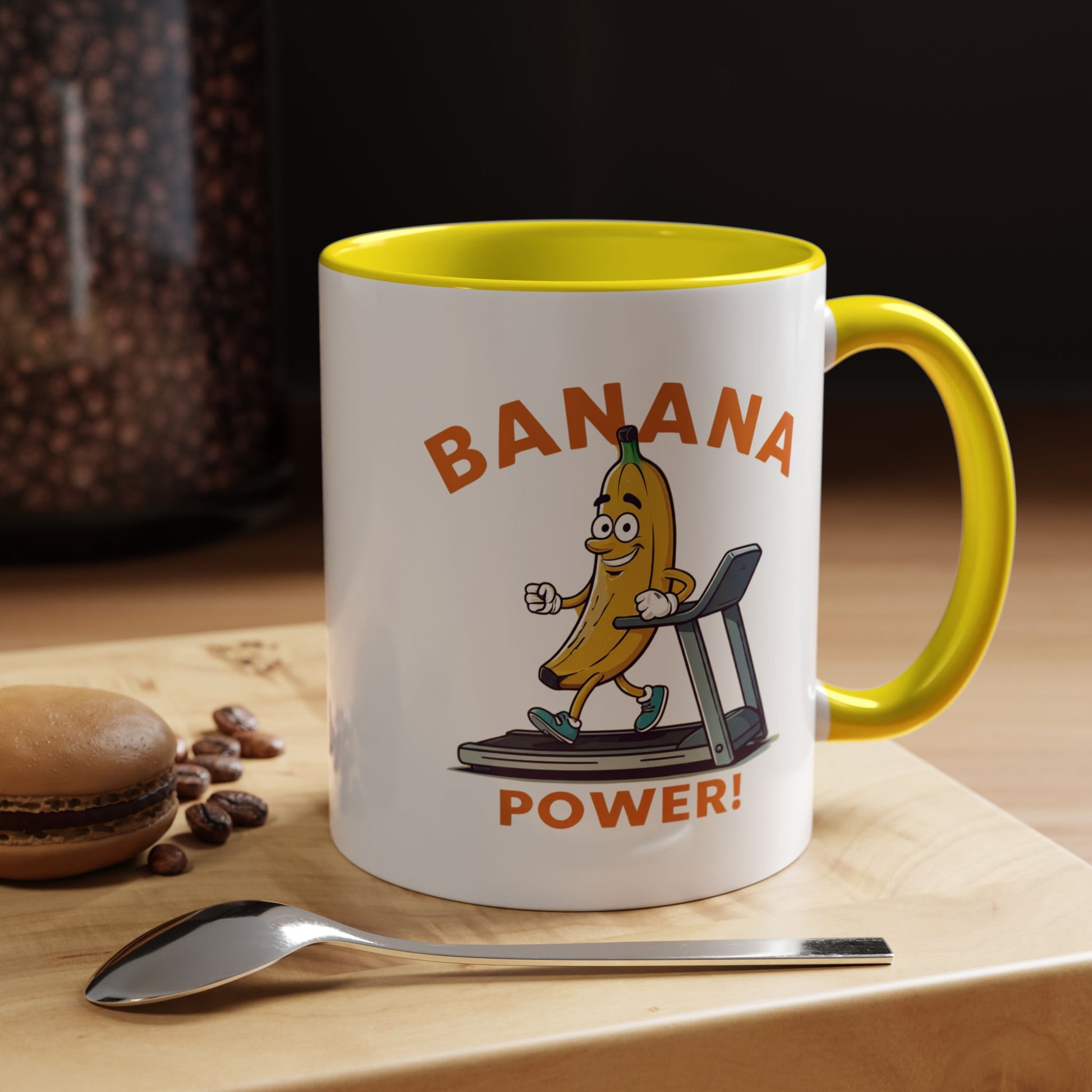 Funny banana gym art ceramic mug with yellow interior and handle, aesthetic coffee mug and perfect fitness gift.