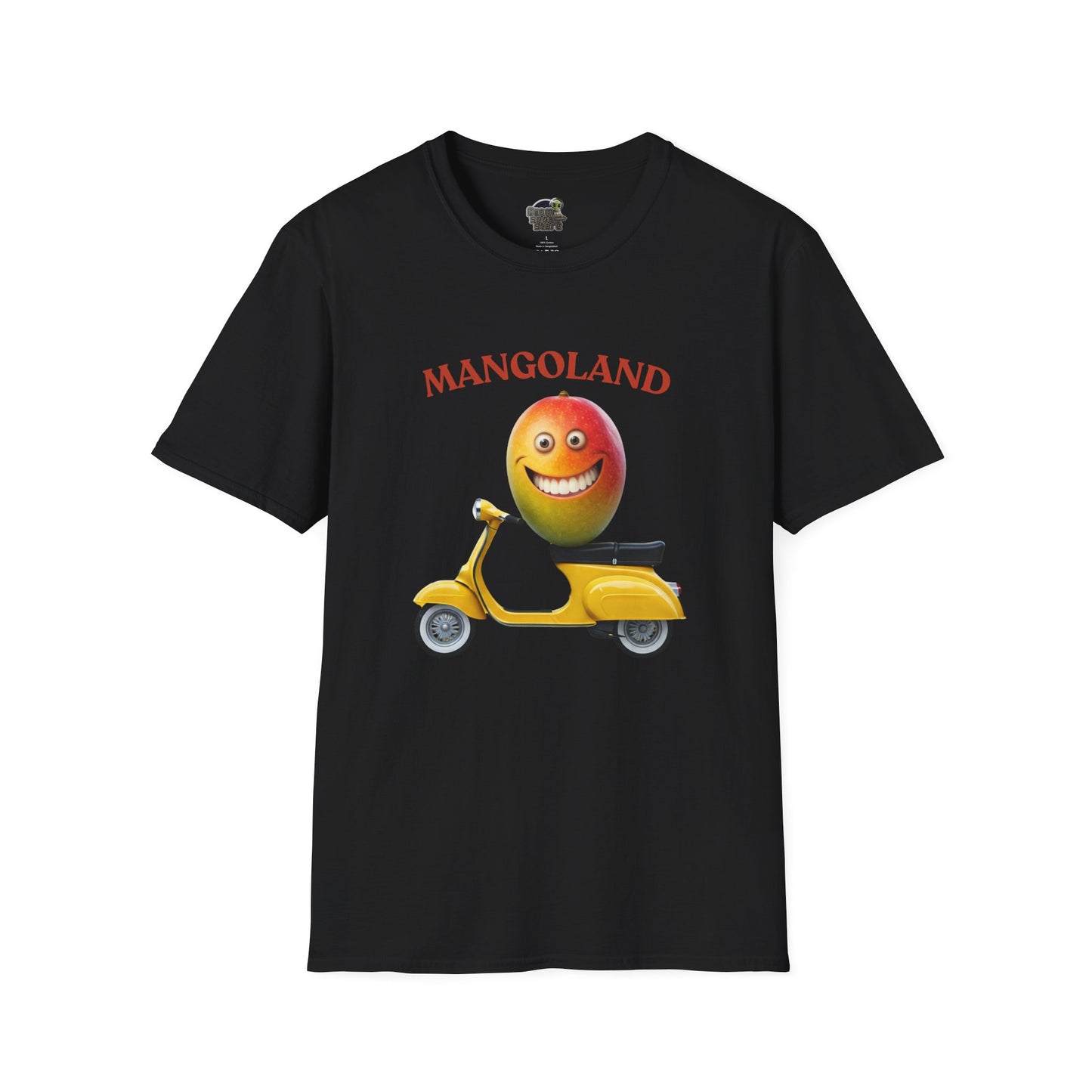 Mangoland t-shirt: Funny Mango Riding Vespa Tee Black