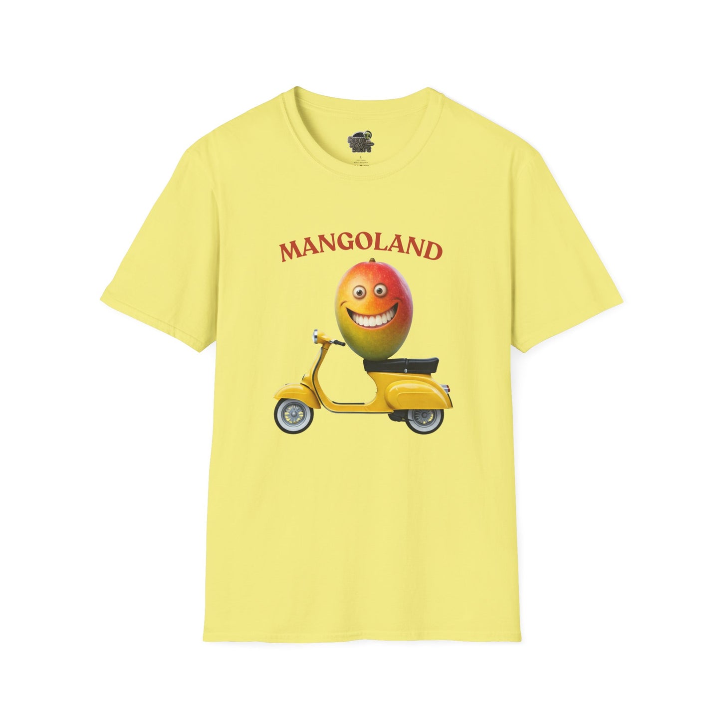 Mangoland t-shirt: Funny Mango Riding Vespa Tee Cornsilk