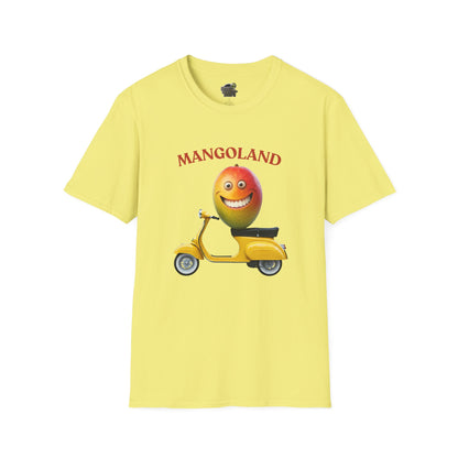 Mangoland t-shirt: Funny Mango Riding Vespa Tee Cornsilk