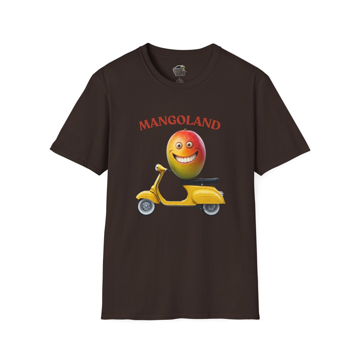 Mangoland t-shirt: Funny Mango Riding Vespa Tee Dark Chocolate