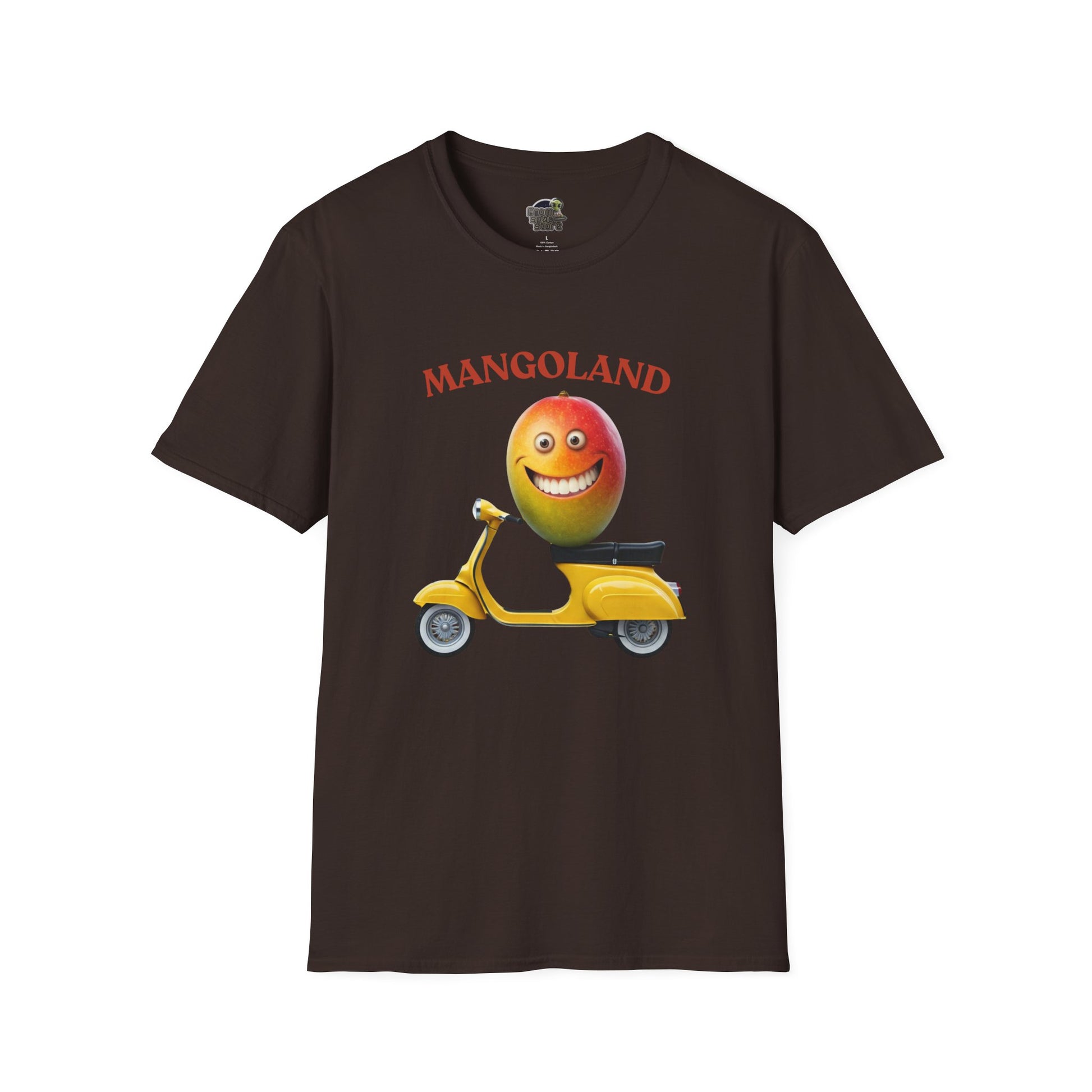 Mangoland t-shirt: Funny Mango Riding Vespa Tee Dark Chocolate