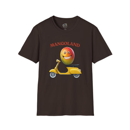 Mangoland t-shirt: Funny Mango Riding Vespa Tee Dark Chocolate