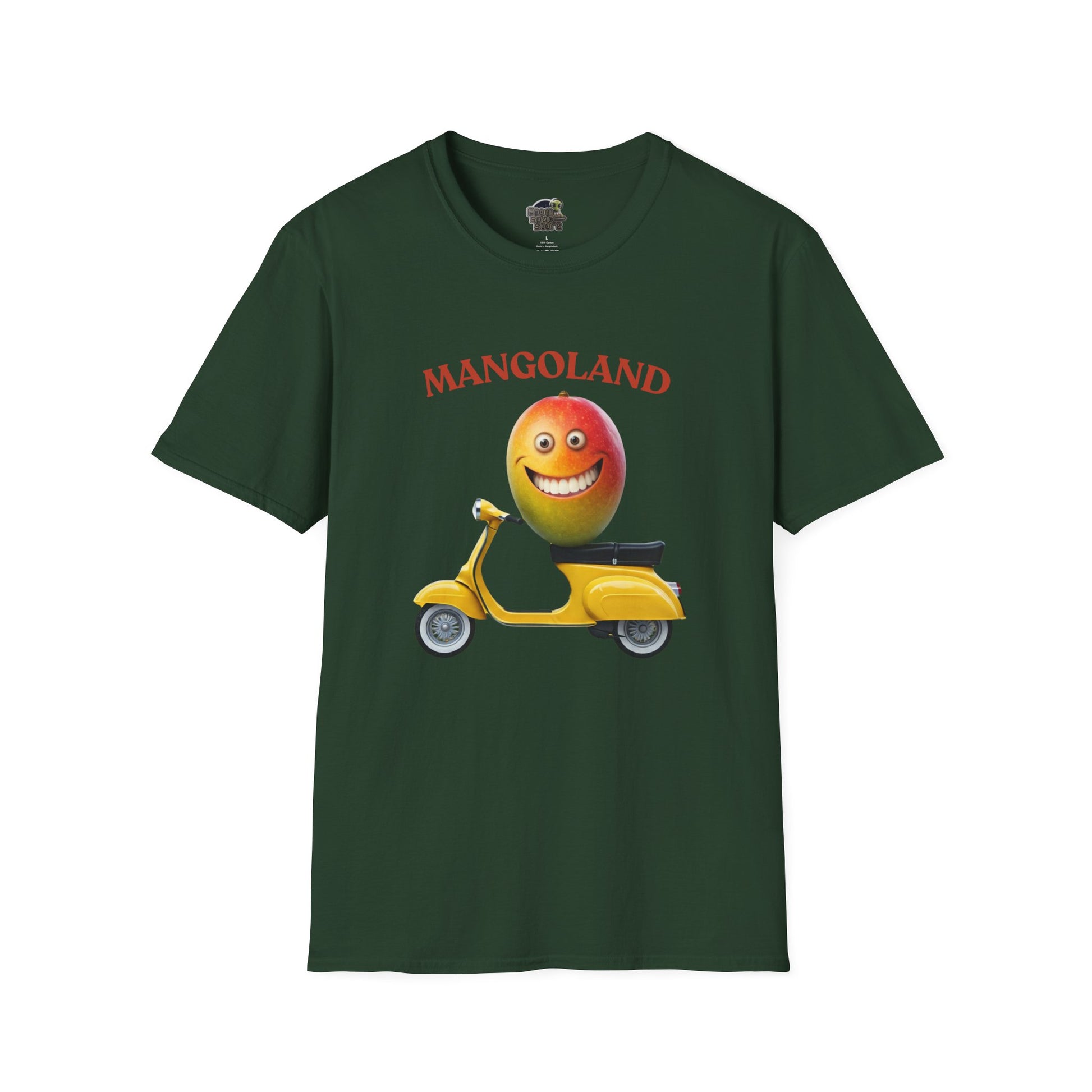 Mangoland t-shirt: Funny Mango Riding Vespa Tee Forest Green