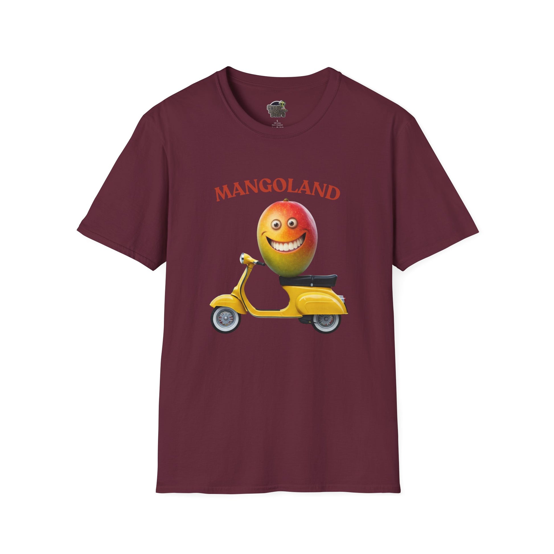 Mangoland t-shirt: Funny Mango Riding Vespa Tee Maroon