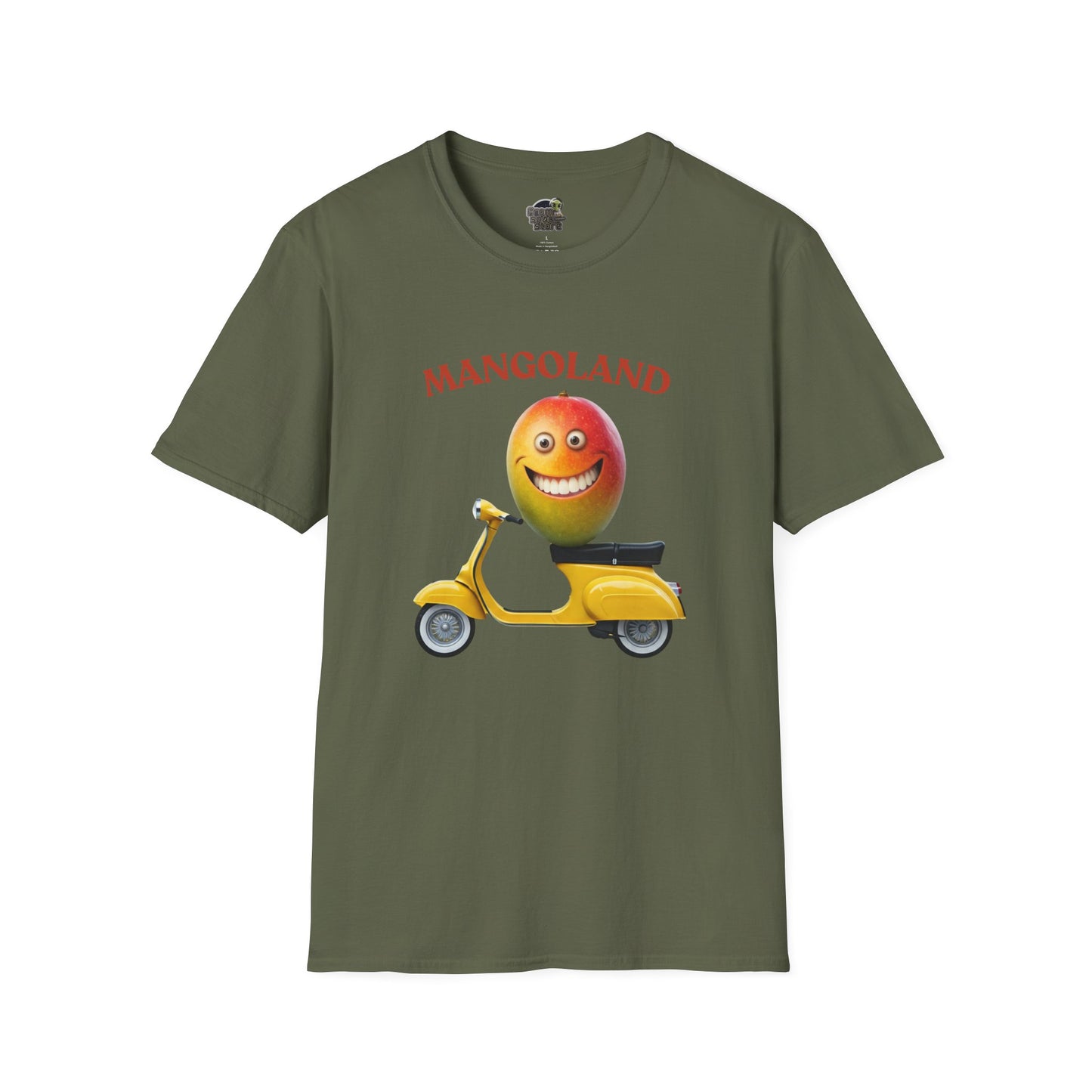Mangoland t-shirt: Funny Mango Riding Vespa Tee Military Green