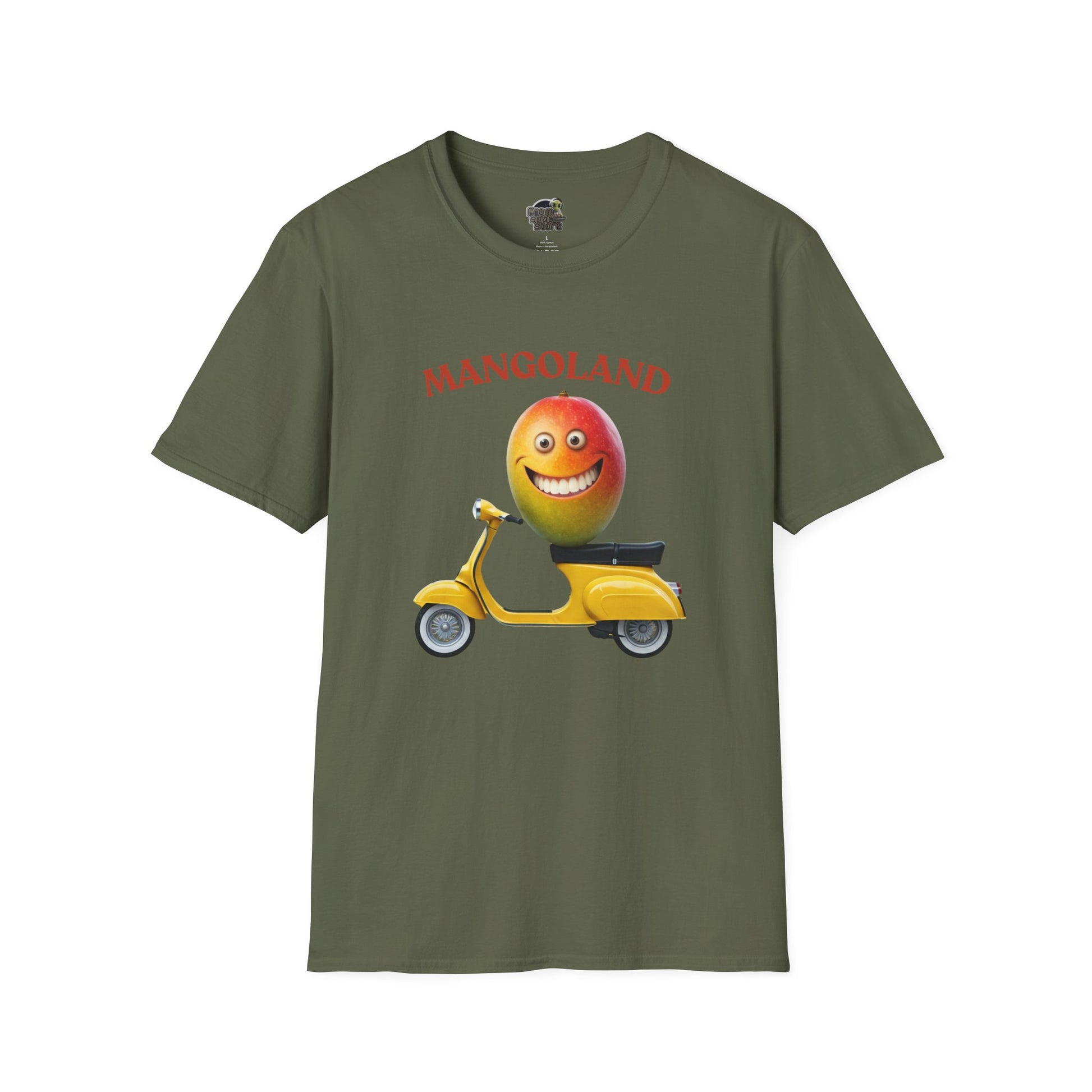 Mangoland t-shirt: Funny Mango Riding Vespa Tee Military Green