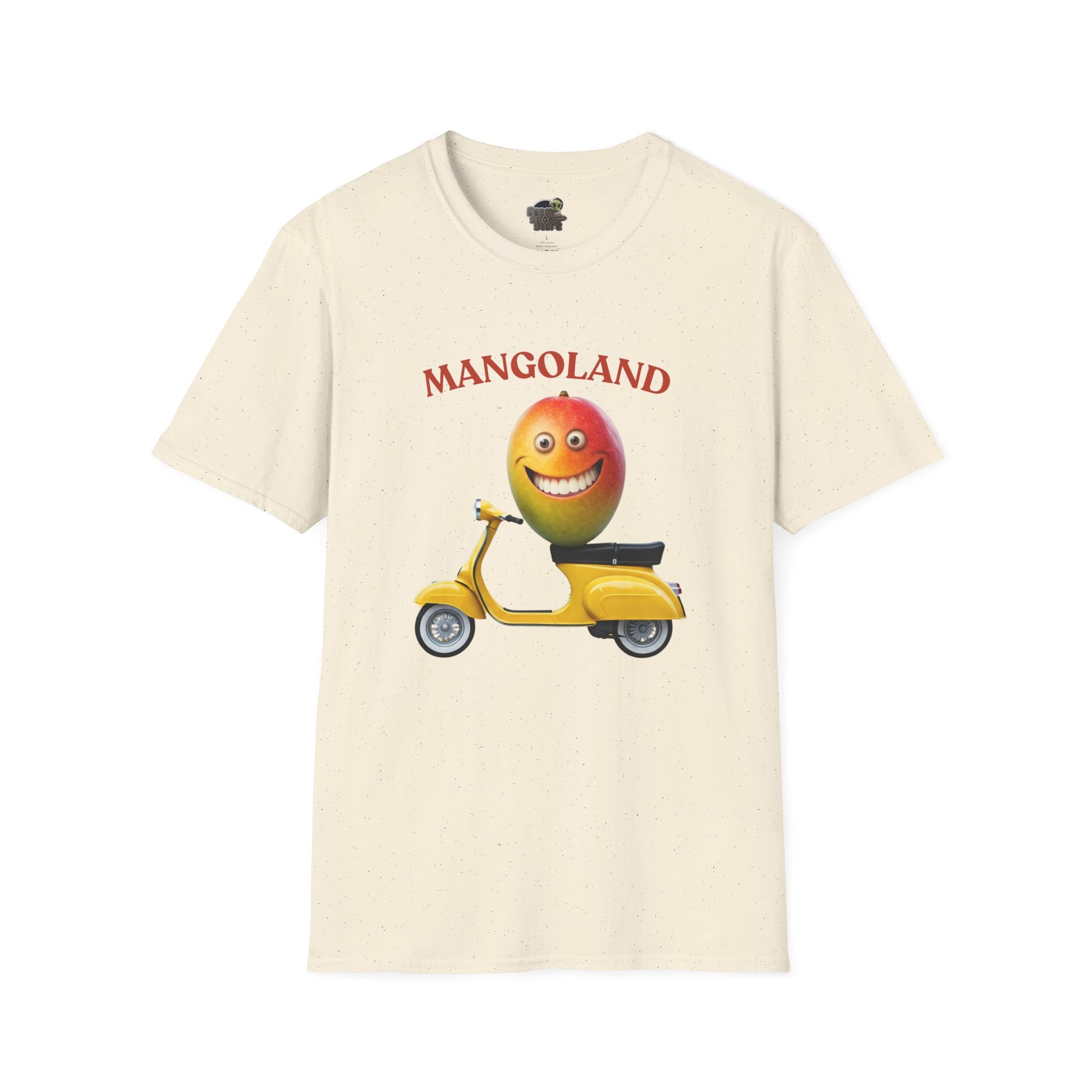 Mangoland t-shirt: Funny Mango Riding Vespa Tee Natural