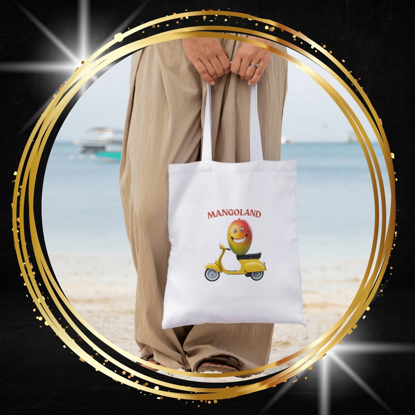 Mangoland Tote Bag: Funny Mango on Scooter Canvas Bag